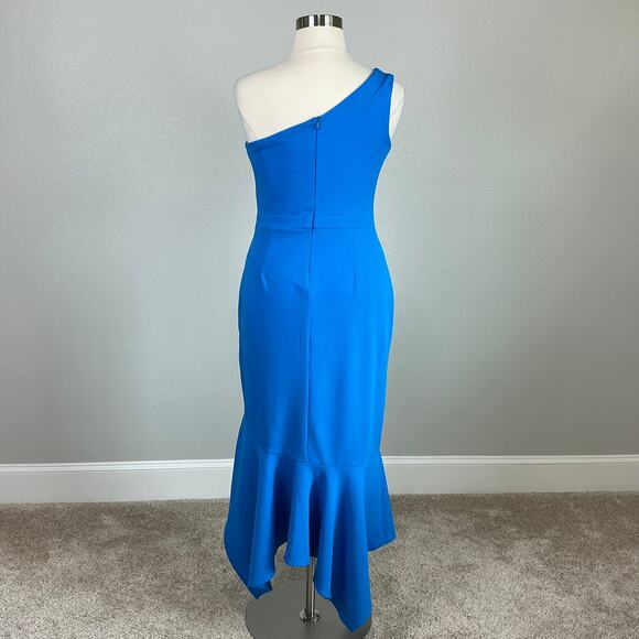 XSCAPE One Shoulder Ruffled High Low Sheath Cocktail Dress Blue Size 16 - Picture 7 of 13
